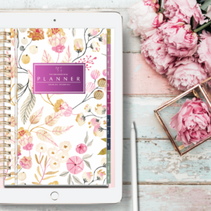 digital mom planner with floral cover and mixed berry colored tabs.