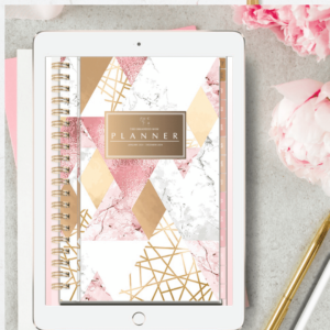 a digital mom planner with a pink, rose gold feminine geometric print cover and nude colored hyperlinked tabs.