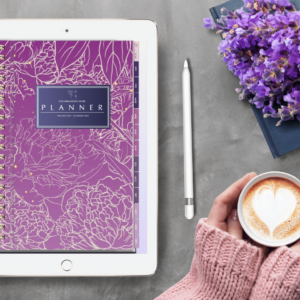 digital mom planner with a purple cover, stencil peonies and purple shades colored hyperlinked tabs